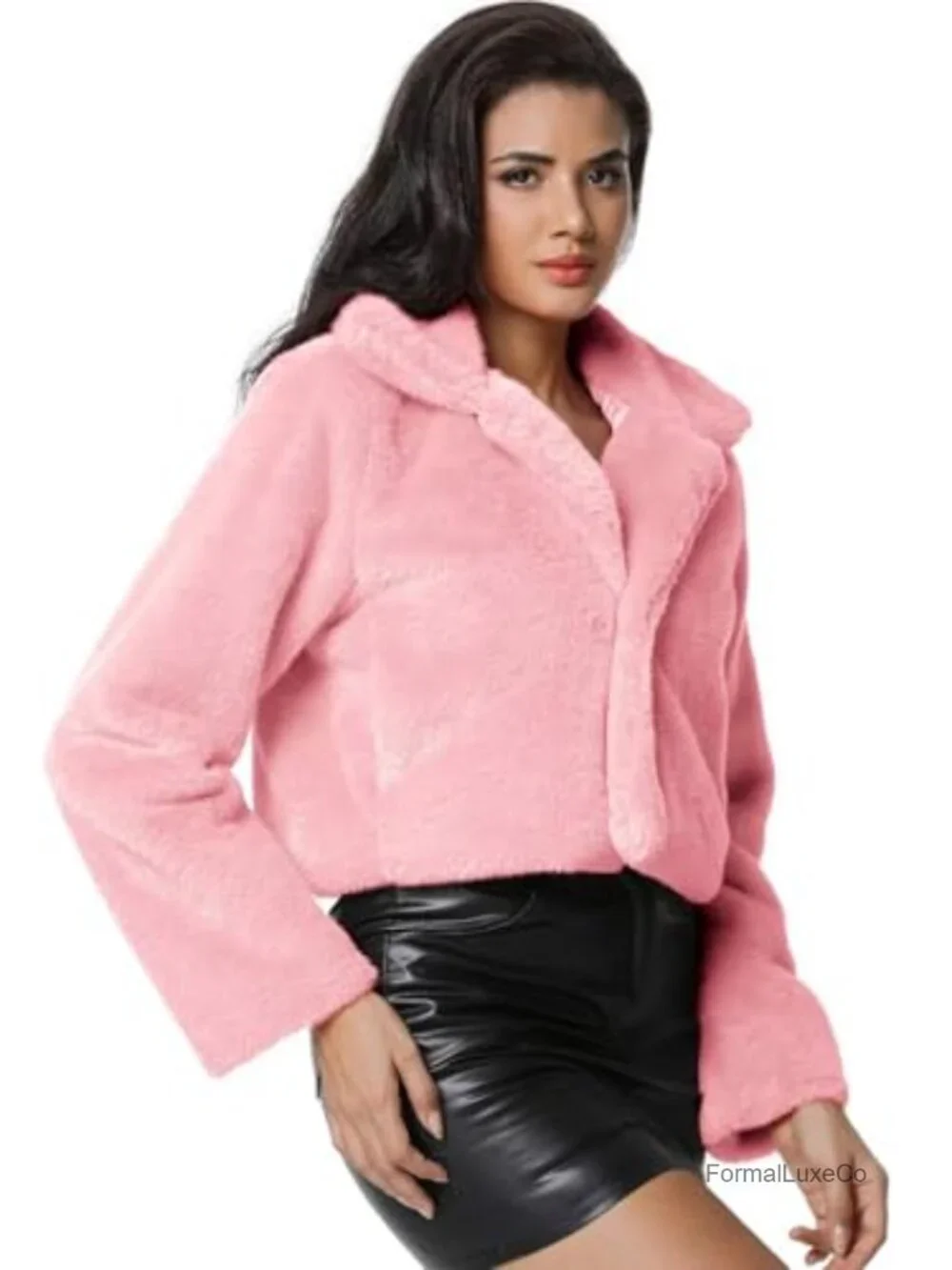 Cropped Faux Fur Jacket with Hidden Pockets and Shawl Collar Cardigan